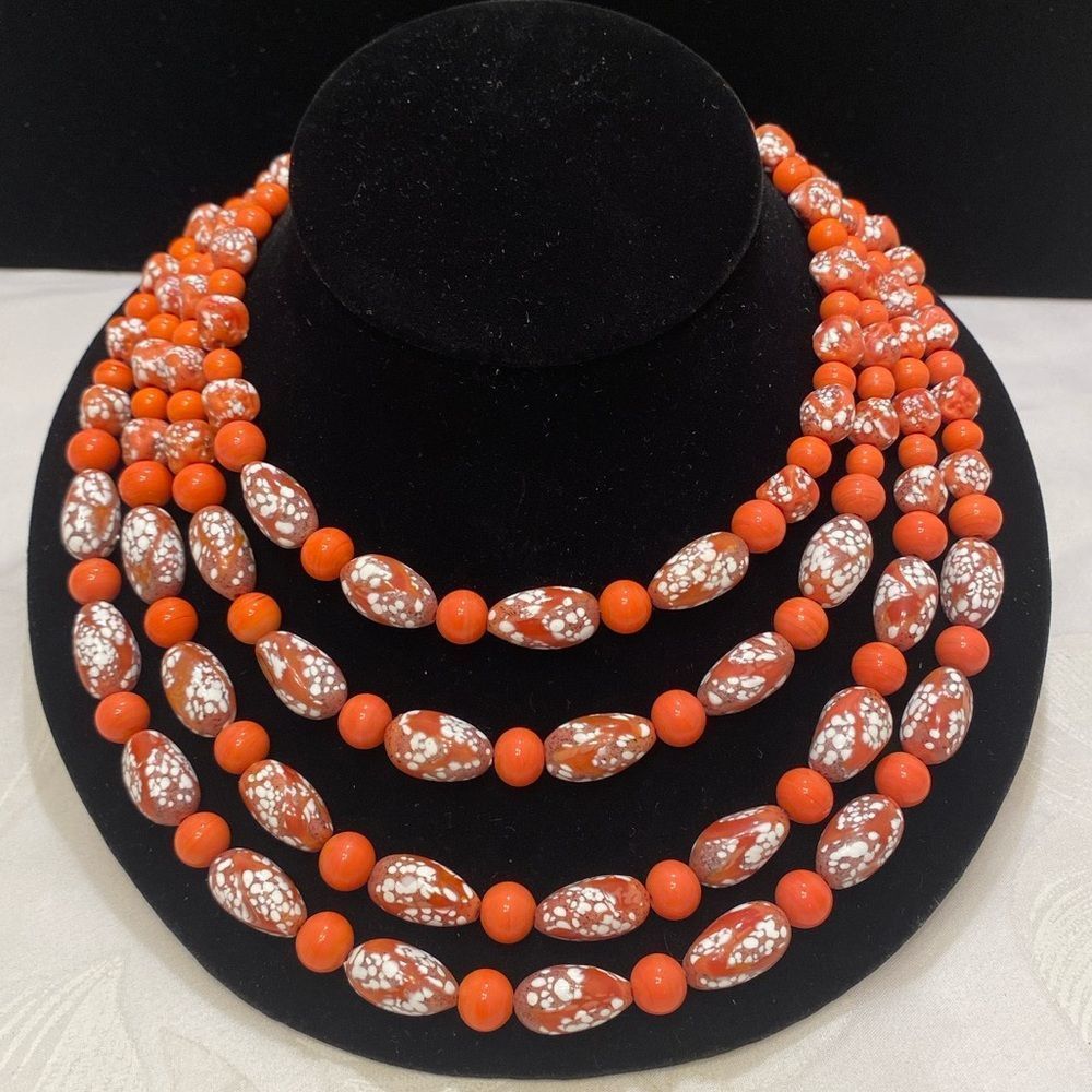Vintage Four Strand Coral And Art Glass Necklace